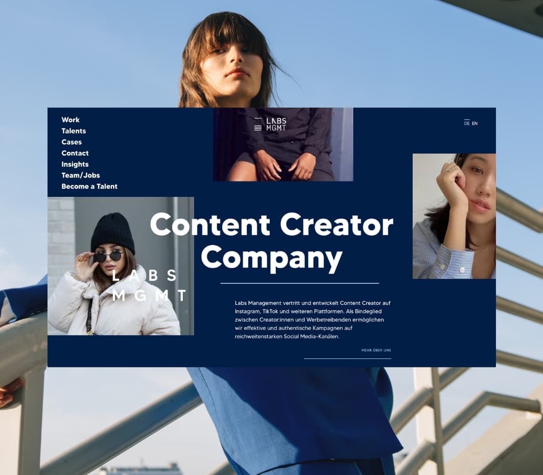 Labs Management Agenturwebsite mit Talent-Ansichten, Cases und Partnerkommunikation